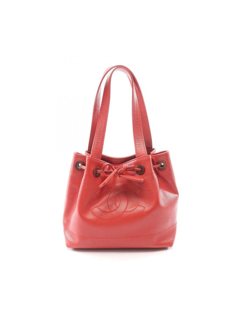 Chanel Tote Bag CC Logo Drawstring Red Caviar Leather